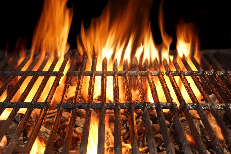 BBQ Party, Picnic Or Cookout Concept With Empty Flaming Charcoal stock photo BBQ Party, Picnic Or Cookout Concept With Empty Flaming Charcoal stock photo