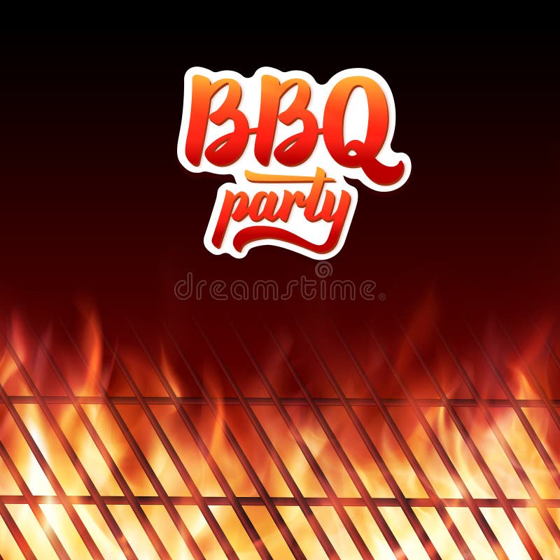 BBQ party text, grill and burning fire flames stock illustration BBQ party text, grill and burning fire flames stock illustration