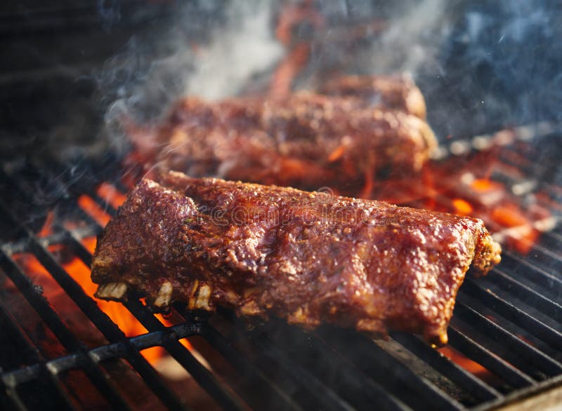 Bbq Pork Ribs Cooking on Flaming Grill Stock Photo Image of babyback