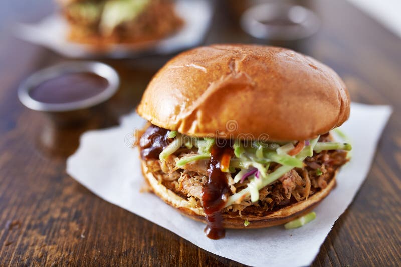 Pulled Pork Barbecue Sandwich With Cole Slaw Stock Photo Image of