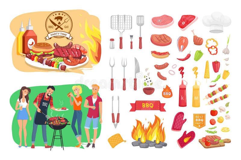 BBQ przyjęcia czasu ikony Ustalona Plakatowa Wektorowa ilustracja royalty ilustracja BBQ przyjęcia czasu ikony Ustalona Plakatowa Wektorowa ilustracja royalty ilustracja