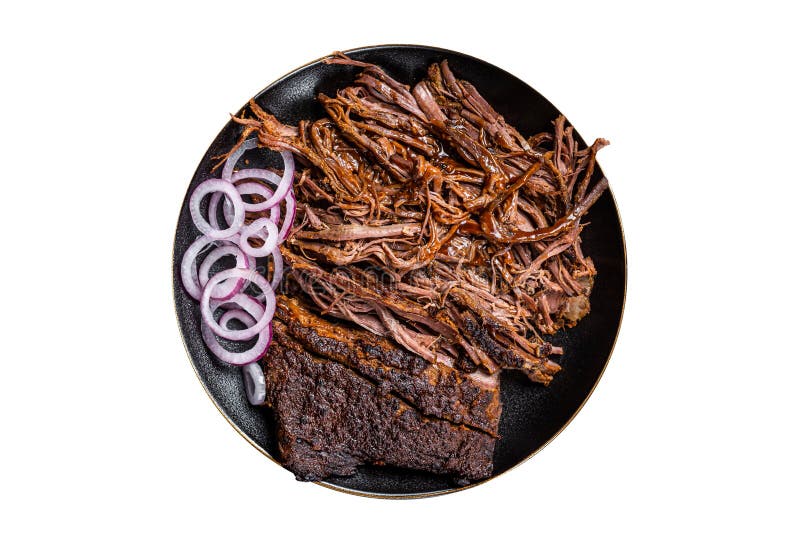 BBQ Pulled Pork Meat on Plate. Isolated on White Background. Stock
