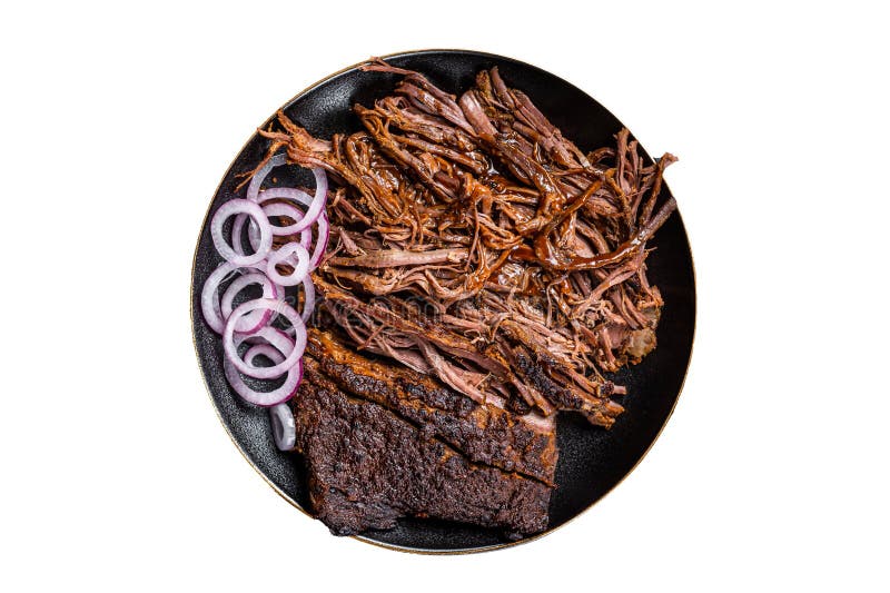 BBQ Pulled Pork Meat on Plate. Isolated on White Background. Stock