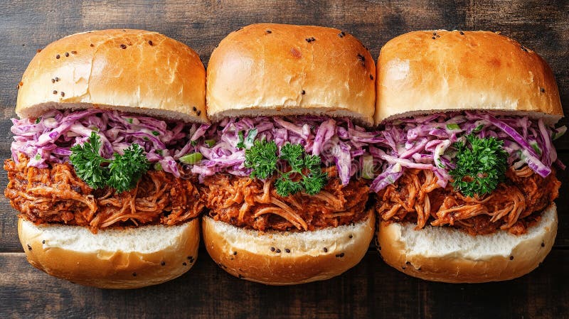 BBQ Pulled Pork Sandwiches on Wooden Tabletop vector illustration