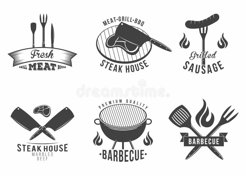 BBQ Reeks van grill en barbecuerestaurantembleem, menuelement, etiket en kenteken stock illustratie BBQ Reeks van grill en barbecuerestaurantembleem, menuelement, etiket en kenteken stock illustratie