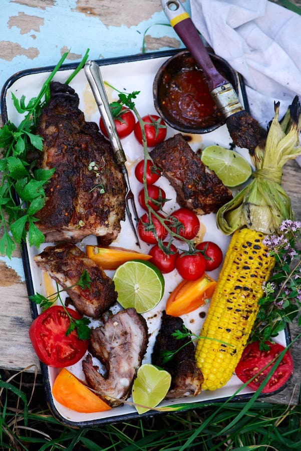 BBQ Ribs with Vegetables and Corn Stock Photo Image of corn, green