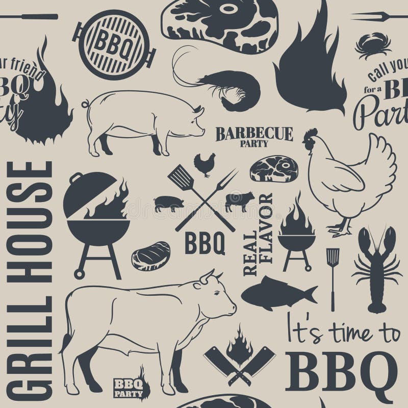 BBQ Seamless Pattern. Vector BBQ seamless pattern or background, farm animals and seafood icons and BBQ design elements royalty free illustration BBQ Seamless Pattern. Vector BBQ seamless pattern or background, farm animals and seafood icons and BBQ design elements royalty free illustration