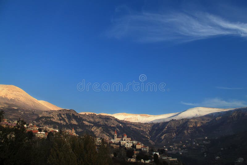 A panoramic view of Bcharreh, the Lebanese village, with Saint Saba church in the middle
