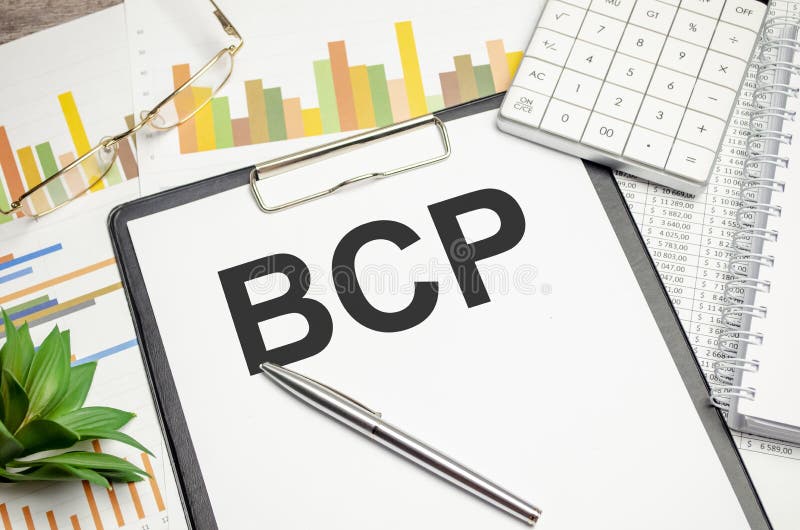 BCP Business Continuity Plan. text on notepad on wood table stock images