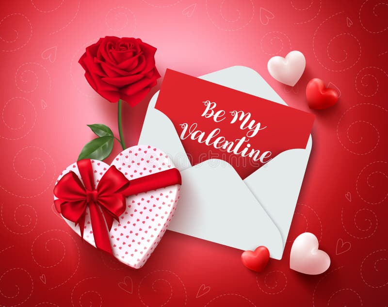 Be my valentine greeting card vector design with love letter, rose and gift vector illustration Be my valentine greeting card vector design with love letter, rose and gift vector illustration