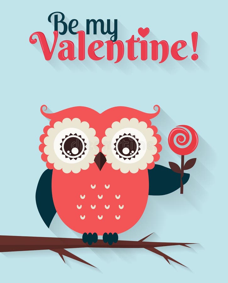 Be My Valentine! Vector greeting card with flat owl.