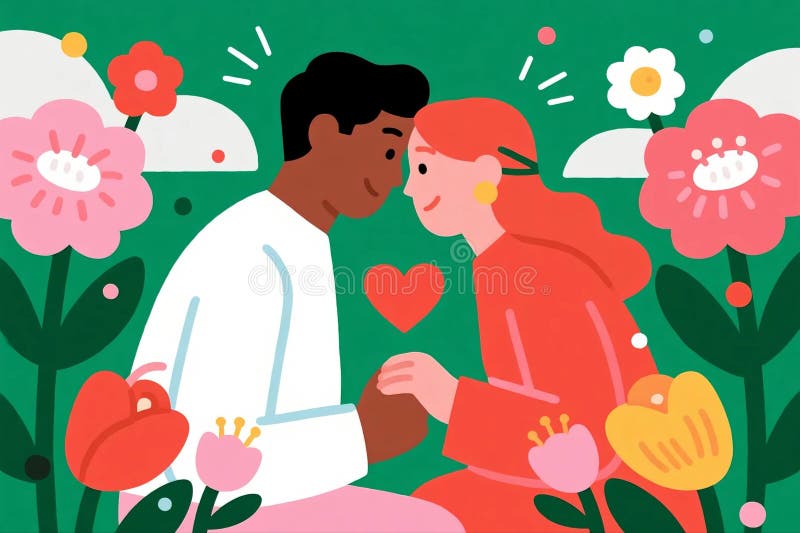 An illustration depicts a man and woman sitting close, holding hands amid large flowers and greenery. royalty free illustration