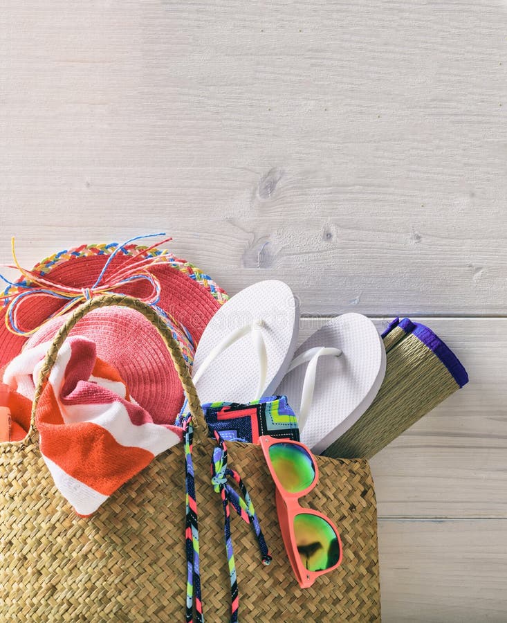 Beach Accessories in a Bag. Summer Holiday Concept Stock Photo - Image ...