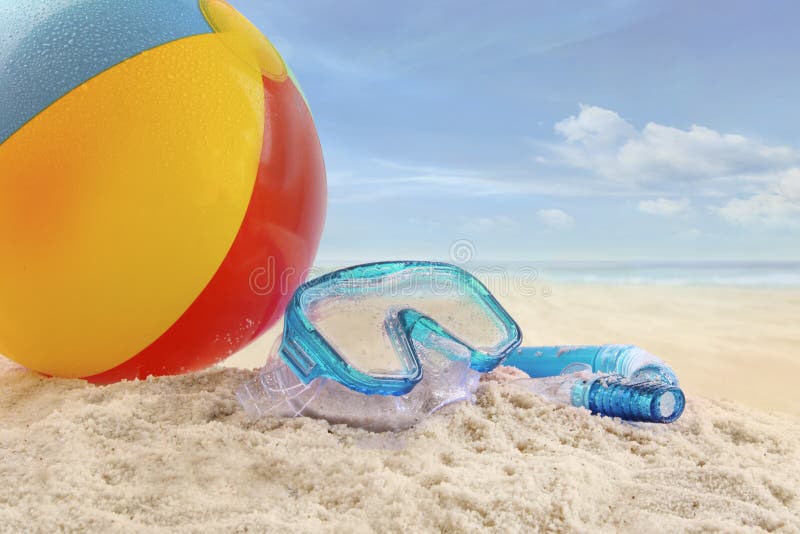 Beach Ball and Goggles in the Sand Stock Image Image of blue, snorkel