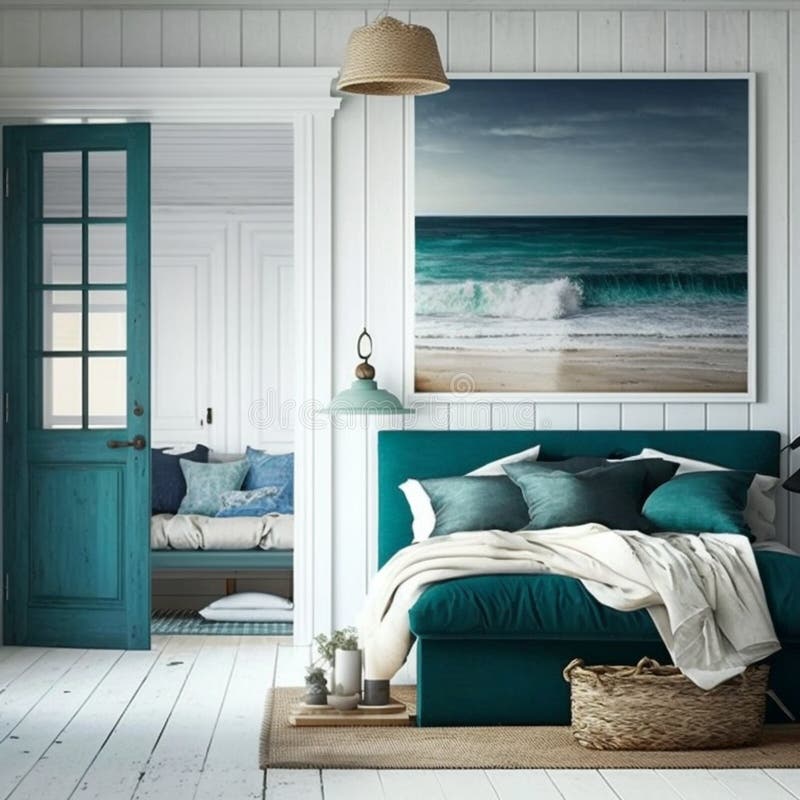 A Beach Bedroom with a White Canvas Painting As the Focal Point Stock ...