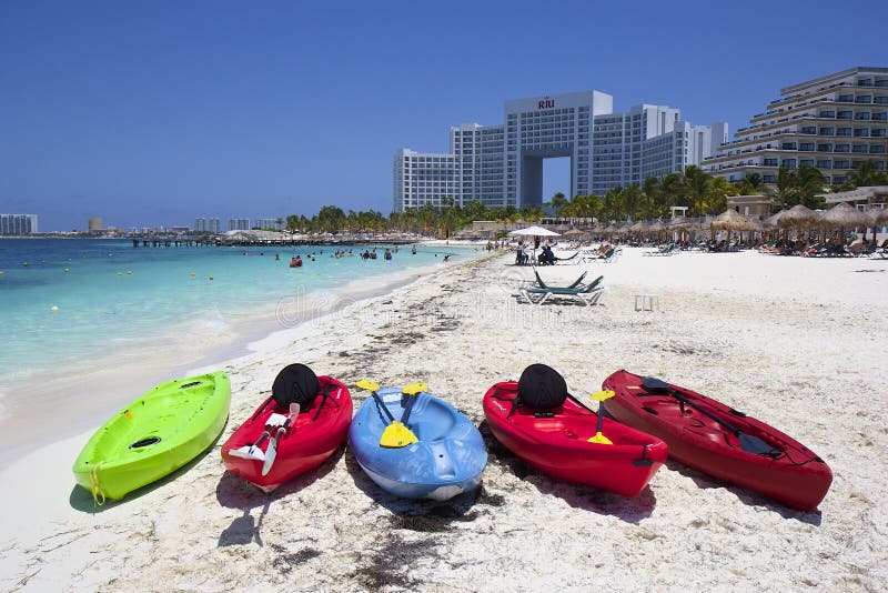 Beach and boats in Cancun hotel area, Mexico