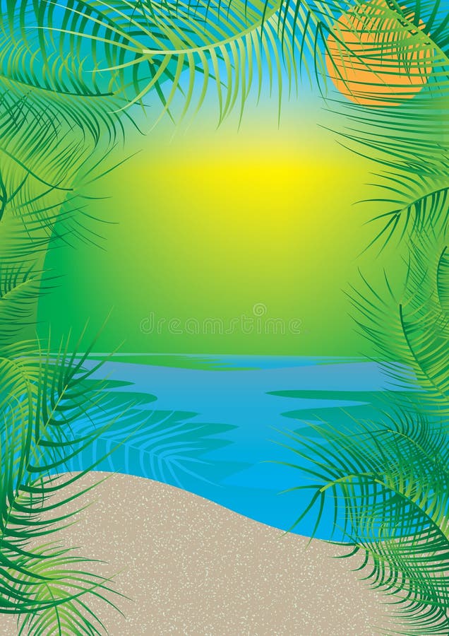 Beach coconut leaves frame green bright