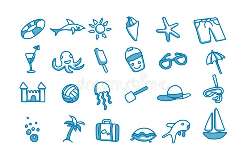 24 beach doodle icons stock illustration