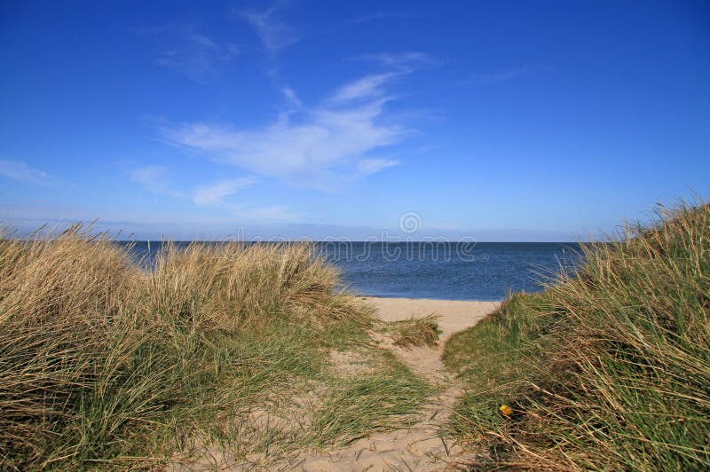 Spiaggia di vista sulle dune di sabbia con l'acqua e il cielo.