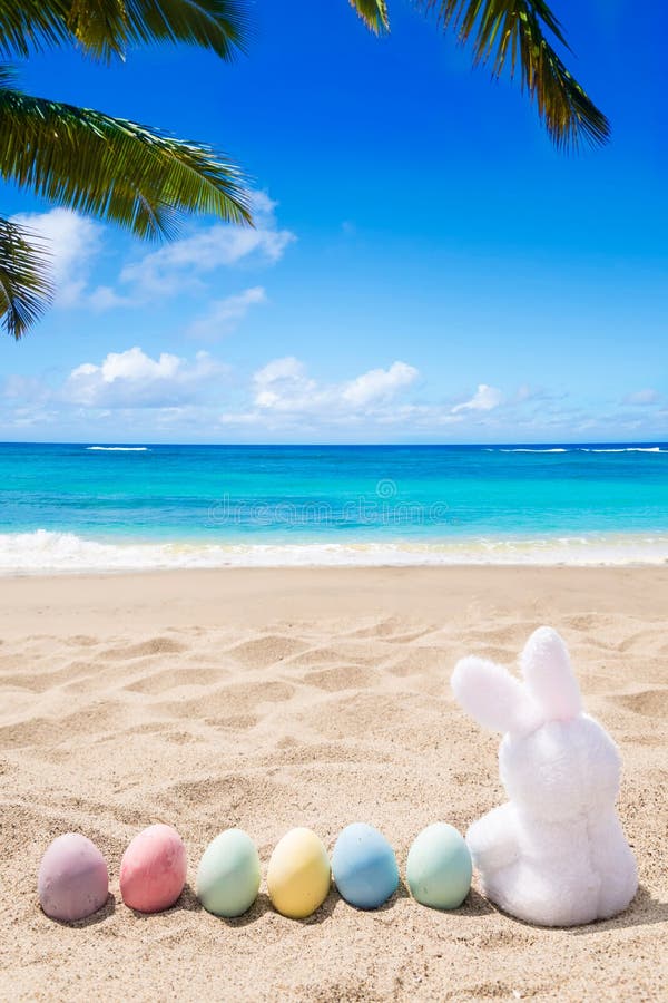 Beach Easter Background with Bunny and Color Eggs Stock Image Image
