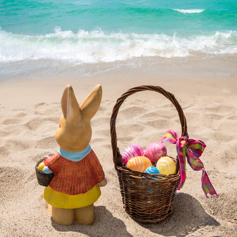 Beach Easter Background With Bunny And Color Eggs Stock Photo Image