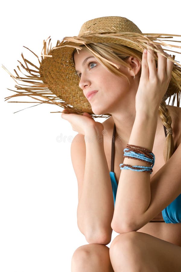 Beach - Happy woman in bikini with straw hat