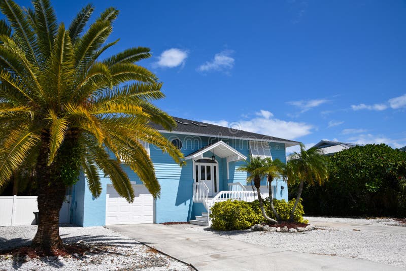 Beautiful New Blue and Coral Beach House Stock Photo Image of blue