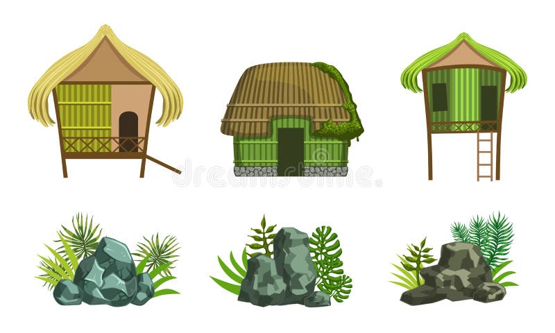 Beach Houses and Rock Stones Set, Straw Huts, Bungalow, Tropical Landscape Design Elements Vector Illustration