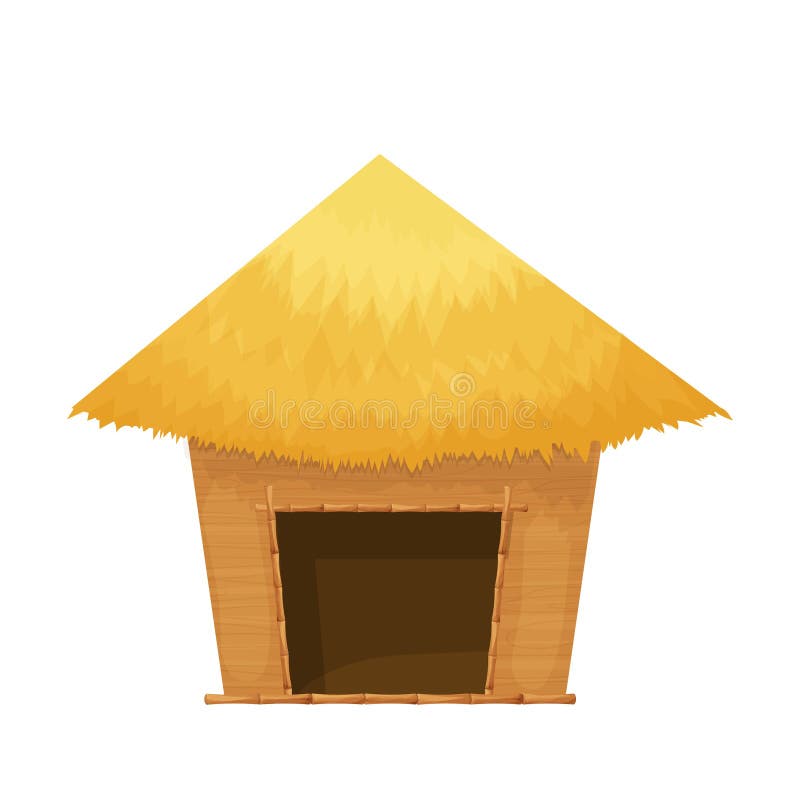 Beach hut or bungalow with straw roof, wooden in cartoon style isolated on white background. Bamboo cabin, small house