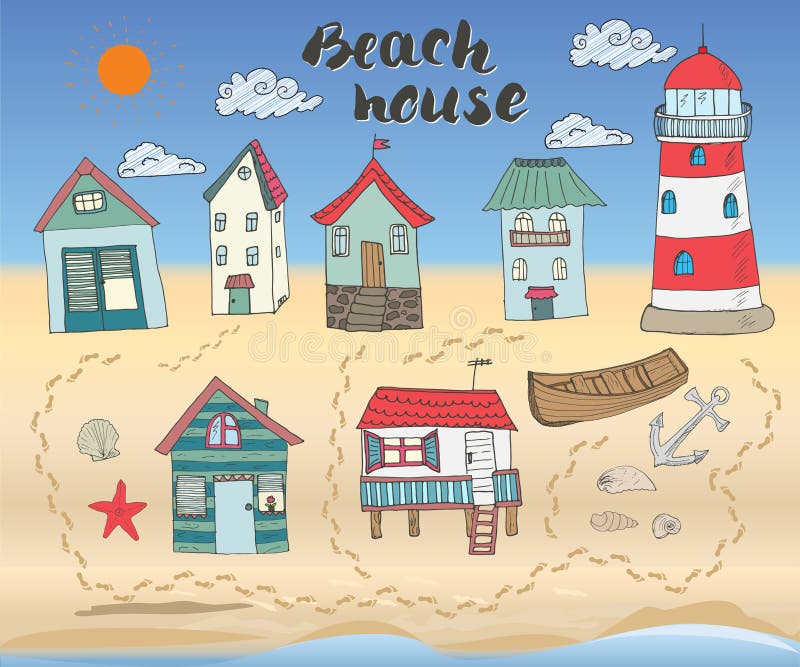 Beach Huts And Bungalows, Hand Drawn Outline Color Doodle ...