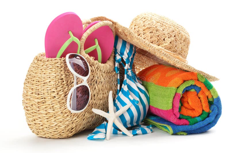 Beach items stock image. Image of suit, slippers, basket - 20119515