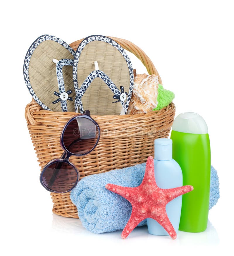 Beach items in basket stock image. Image of summer, isolated 31164177
