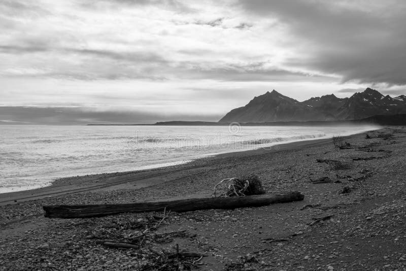 Beach on Katmai National Park in Black and White. Extra copy space