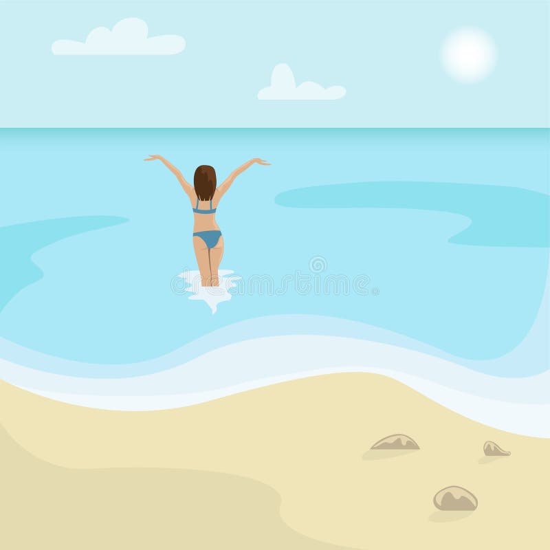 Beach Landscape. Girl in a Swimsuit is in the Sea Stock Vector ...