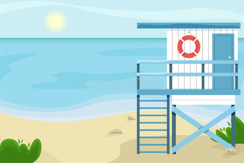 Beach Landscape With A Lifeguard House. Flat Vector Illustration Stock