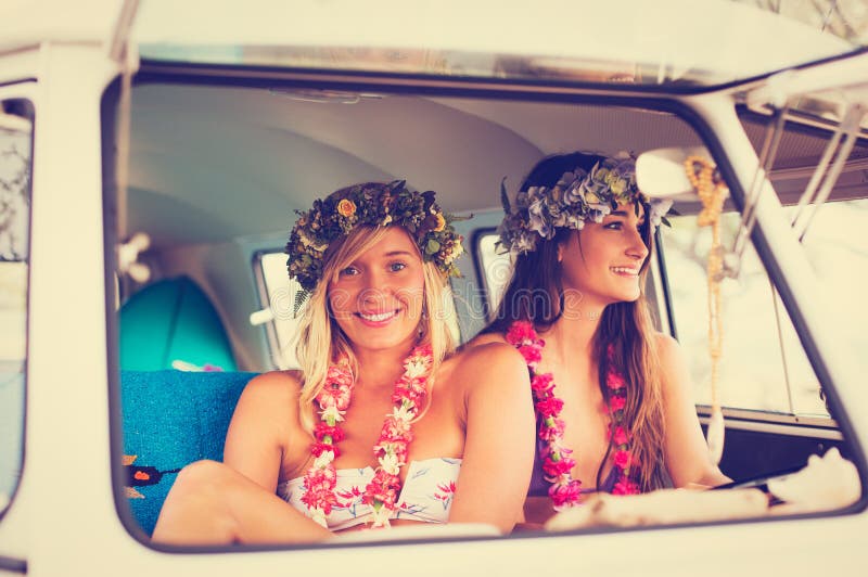 Beach Lifestyle Surfer Girls in Vintage Surf Van