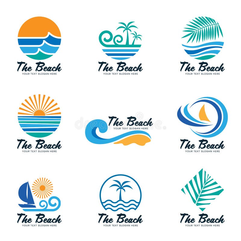 The Beach Logo with Sea Wave , Coconut Leaf , Boat and Sun Vector Set