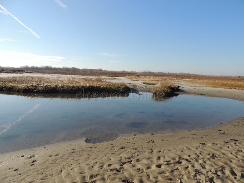 Beach with Marsh Grass , Dunes and Wooden Stages at Sunset Stock Image