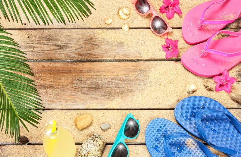 Beach, Palm Tree Leaves, Sand, Sunglasses and Flip Flops Stock Image ...