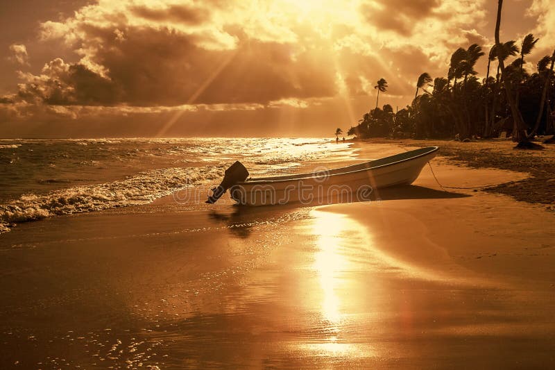 Beach with palm trees and boat at sunset time