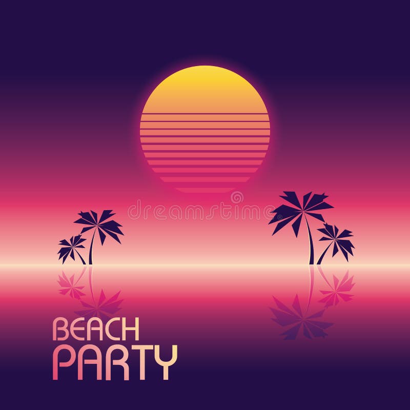 Beach party poster vector template in retro 80s neon glowing style with palm trees and halftone sunset.