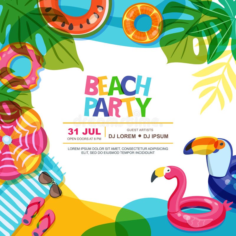 Beach party vector summer poster design template. Swimming pool with float rings doodle illustration.