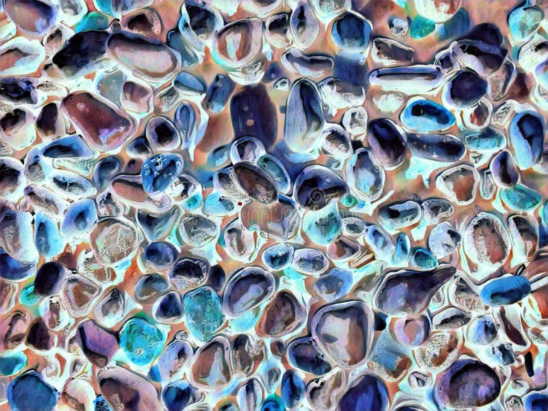 Beach pebbles in sea water top view. Blue glass stones digital illustration