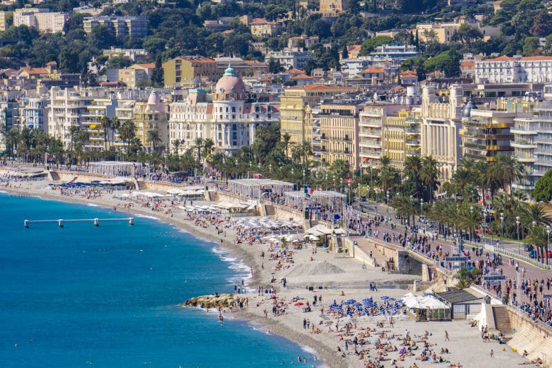 Beach and the Promenade des Anglais at French Riviera in Nice, France