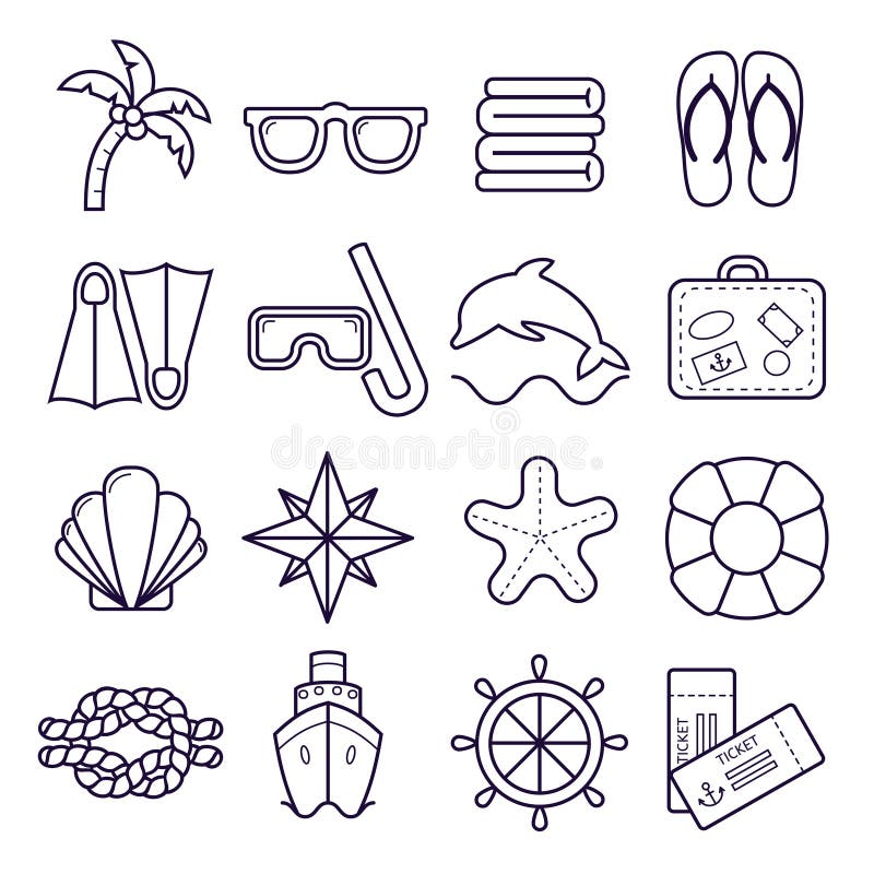 Beach, resort line icons. Palm, sunglasses, flip flops, diving mask, shell and other holiday elements. stock illustration Beach, resort line icons. Palm, sunglasses, flip flops, diving mask, shell and other holiday elements. stock illustration