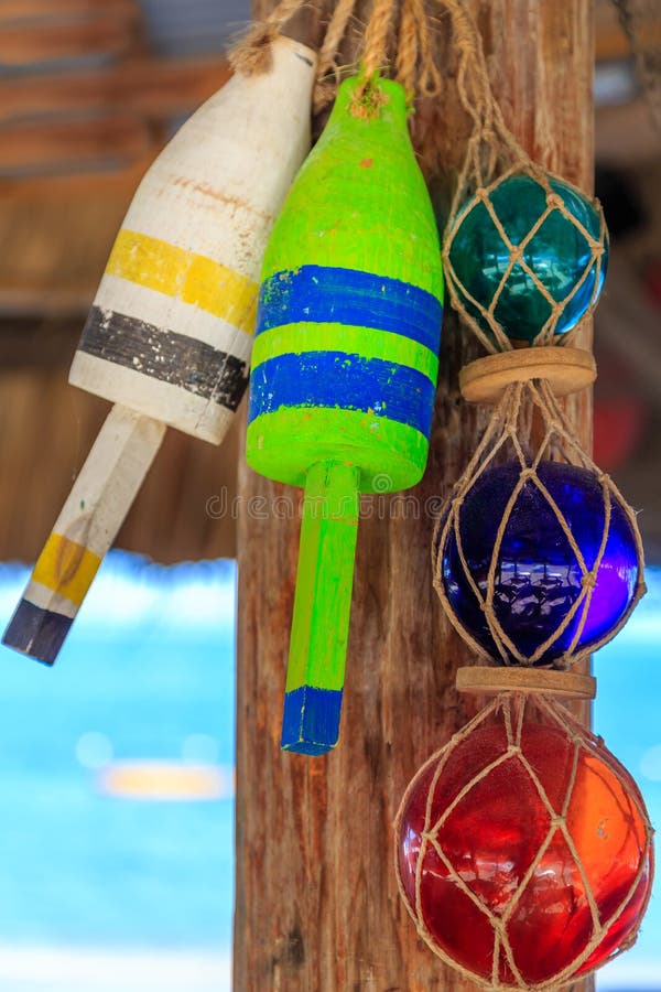 Beach Restaurant Decorations, Buoys and Glass Globes royalty free stock images Beach Restaurant Decorations, Buoys and Glass Globes royalty free stock images