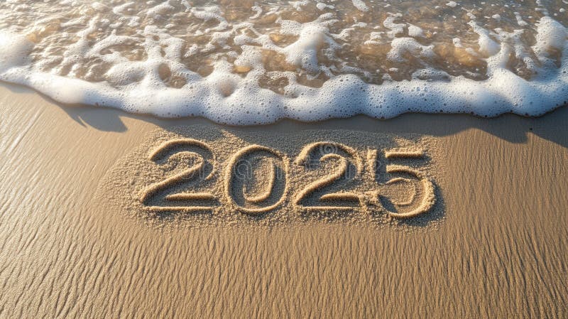 2025 Beach Sand Writing With Ocean Wave New Year Future And Nature Beach Sand Writing Ocean Wave New Year Future Nature Concept Generative Ai 332360250 