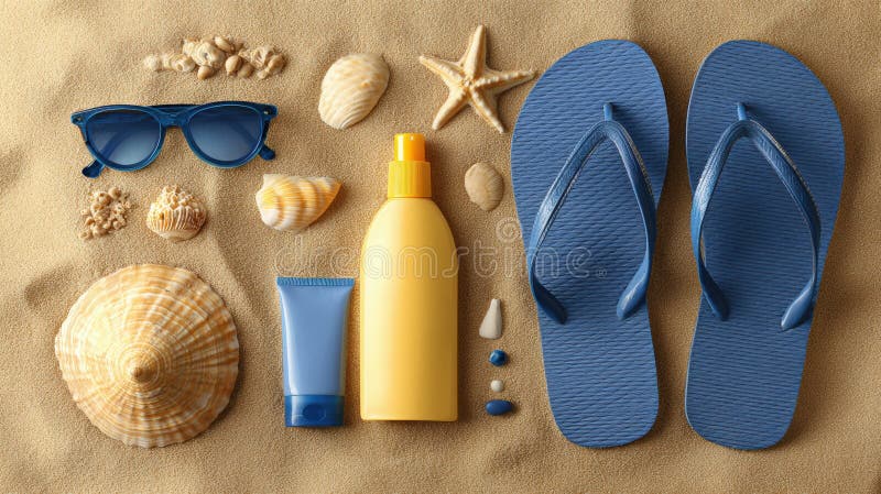 Flat Lay of Beach Accessories Including Flip Flops, Sunscreen, Sunglasses, and Seashells on Bright Sand Background Ready stock photography