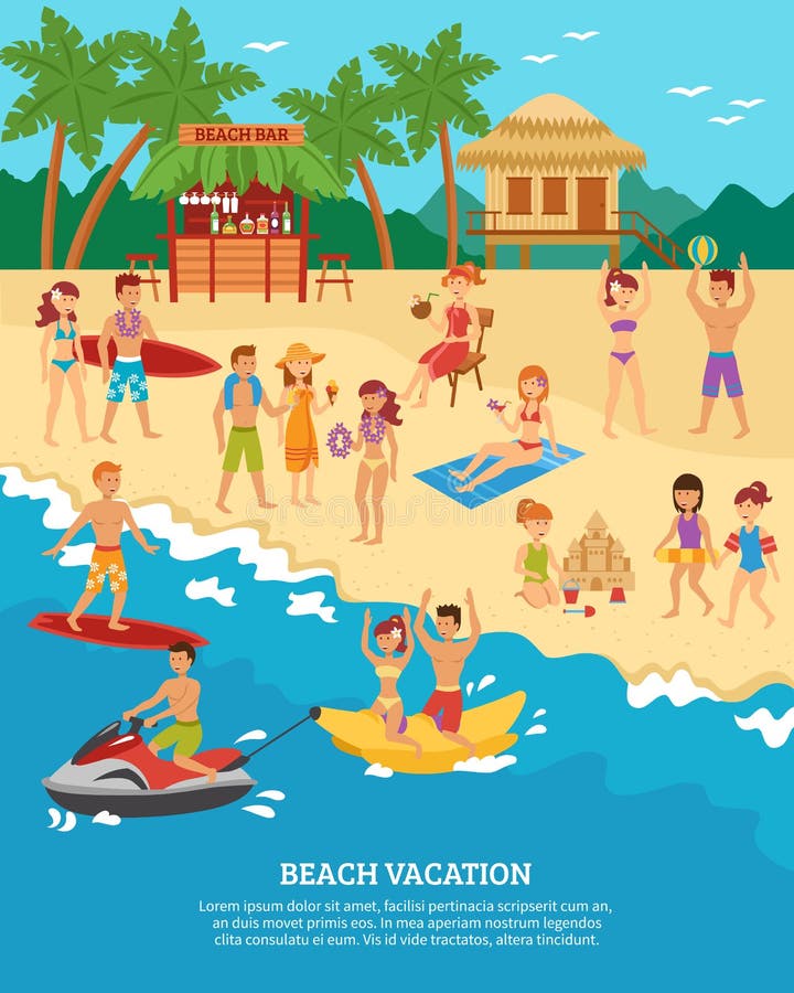 Beach scene flat stock vector. Illustration of beach - 67644066