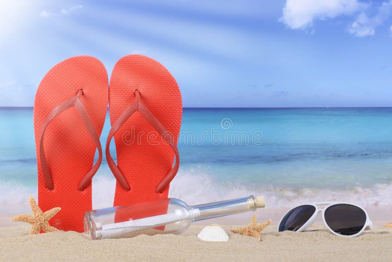 Beach scene with flip flops sandals and bottle post in summer va